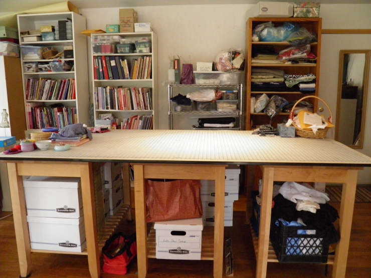Cutting table with bookshelves behind